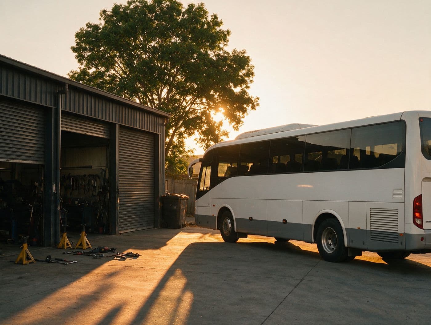 Ônibus em frente à oficina