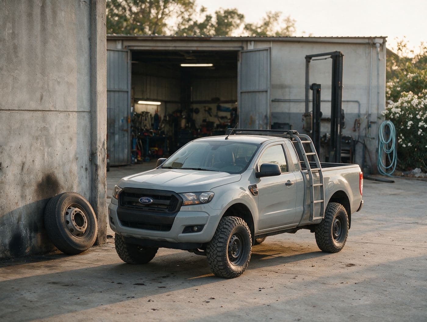 Ford Ranger cinza em frente à oficina